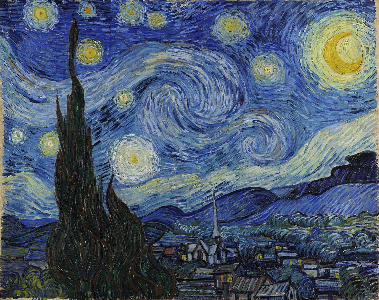 "The Starry Night" is an oil on canvas painting by Dutch Post-Impressionist painter Vincent van Gogh. Painted in June 1889, it depicts the view from the east-facing window of his asylum room at Saint-Rémy-de-Provence, just before sunrise, with the addition of an imaginary village.