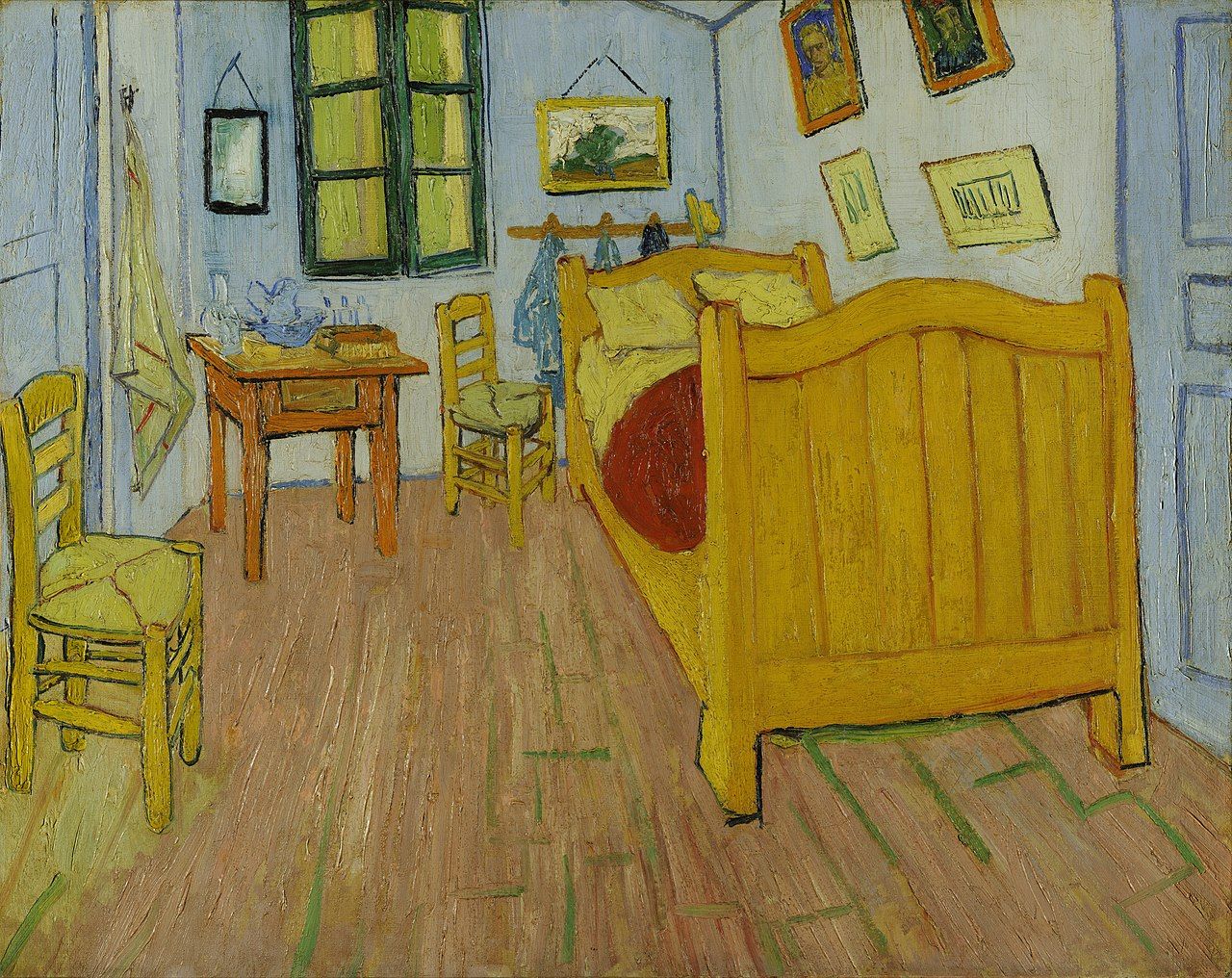 The painting &quot;The Bedroom&quot;, realized by Vincent van Gogh in 1888, depicts his bedroom in Arles, France. The door to the right opened on to the upper floor and the staircase; the door to the left was that of the guest room he held prepared for Gauguin; the window in the front wall looked on to Place Lamartine and its public gardens.